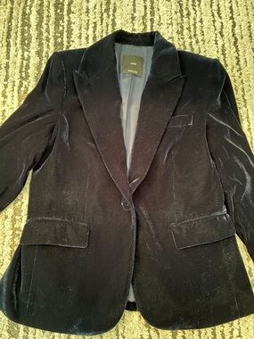 Mango Dark Blue Velvet Single-Button Women's Blazer